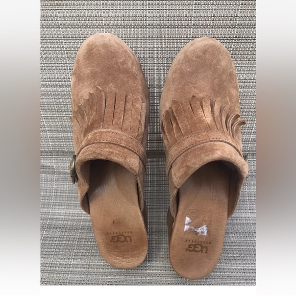 UGG Abbie Clogs Brown Suede Slip On Wood Heel Womens 8 Sheepskin Lined F8910E - Picture 11 of 11
